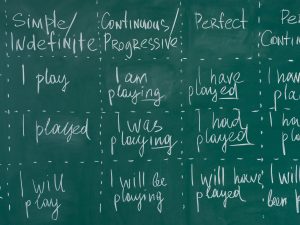 Hand writing on a chalkboard in an language english class.