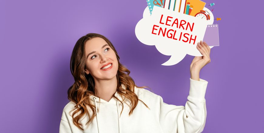 student girl holding speech bubble with text learn english and illustration isolated on lilac background