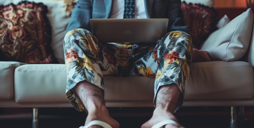 Businessman freelancer working on a laptop from home, dressed in a suit jacket and tie on top, paired with Hawaiian shorts and slippers on the bottom. Concept of remote work.